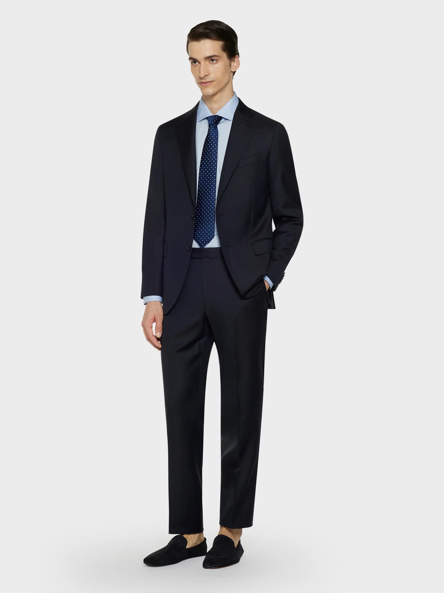 Abito bohème monopetto in lana 130’s grisaglia blu navy