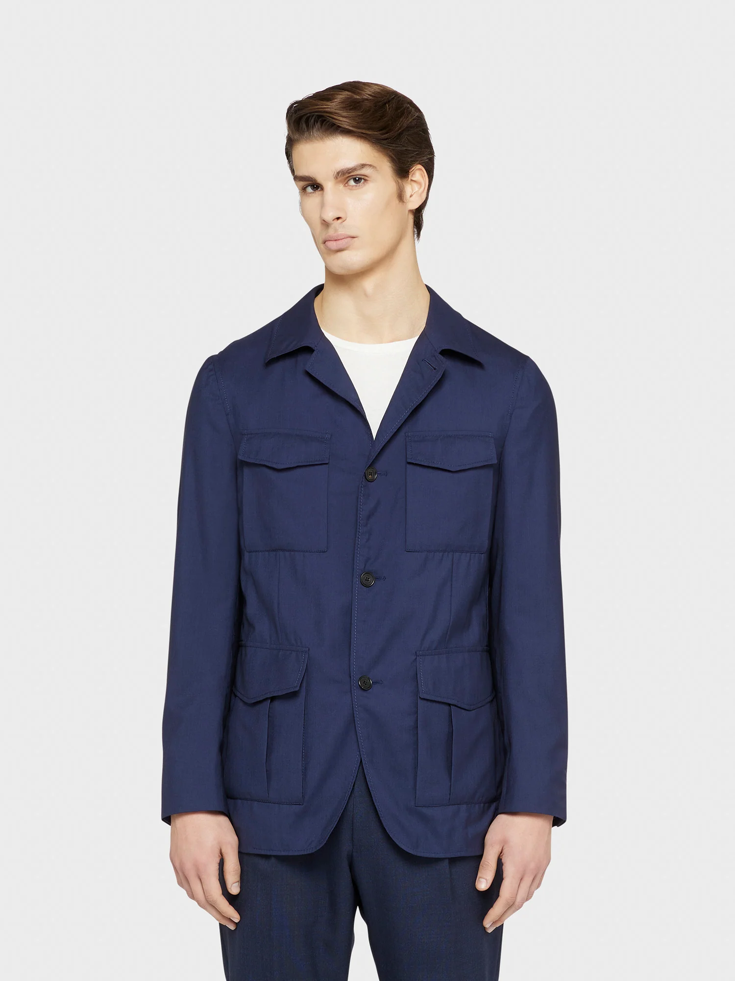 Giacca Sahariana in lana seta blu "Nuage"