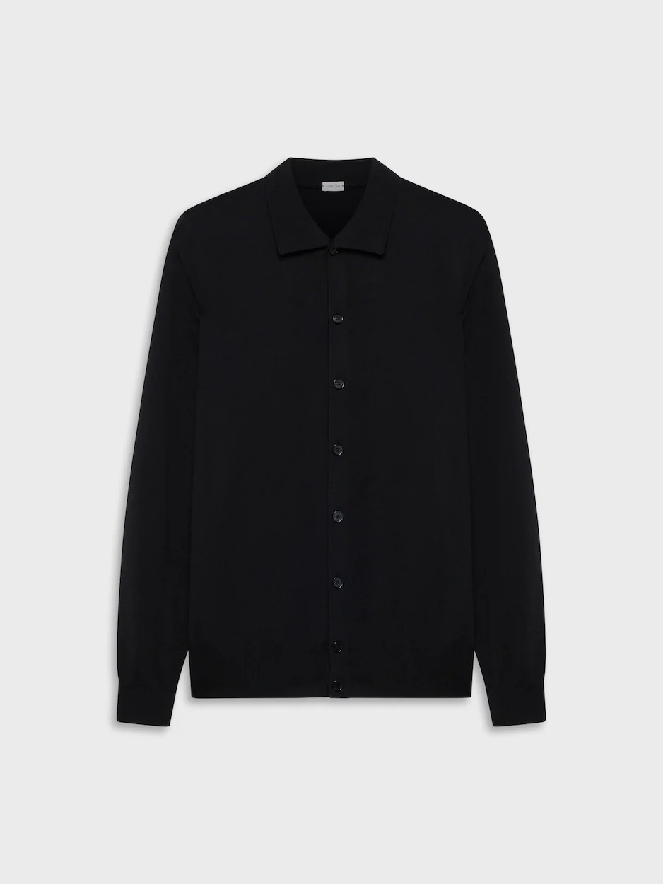 Polo cardigan a maniche lunghe in seta e cotone nera