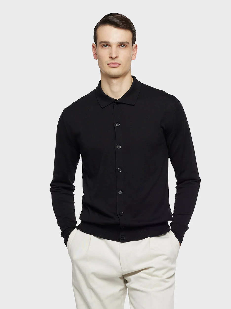 Polo cardigan a maniche lunghe in seta e cotone nera - Image 2