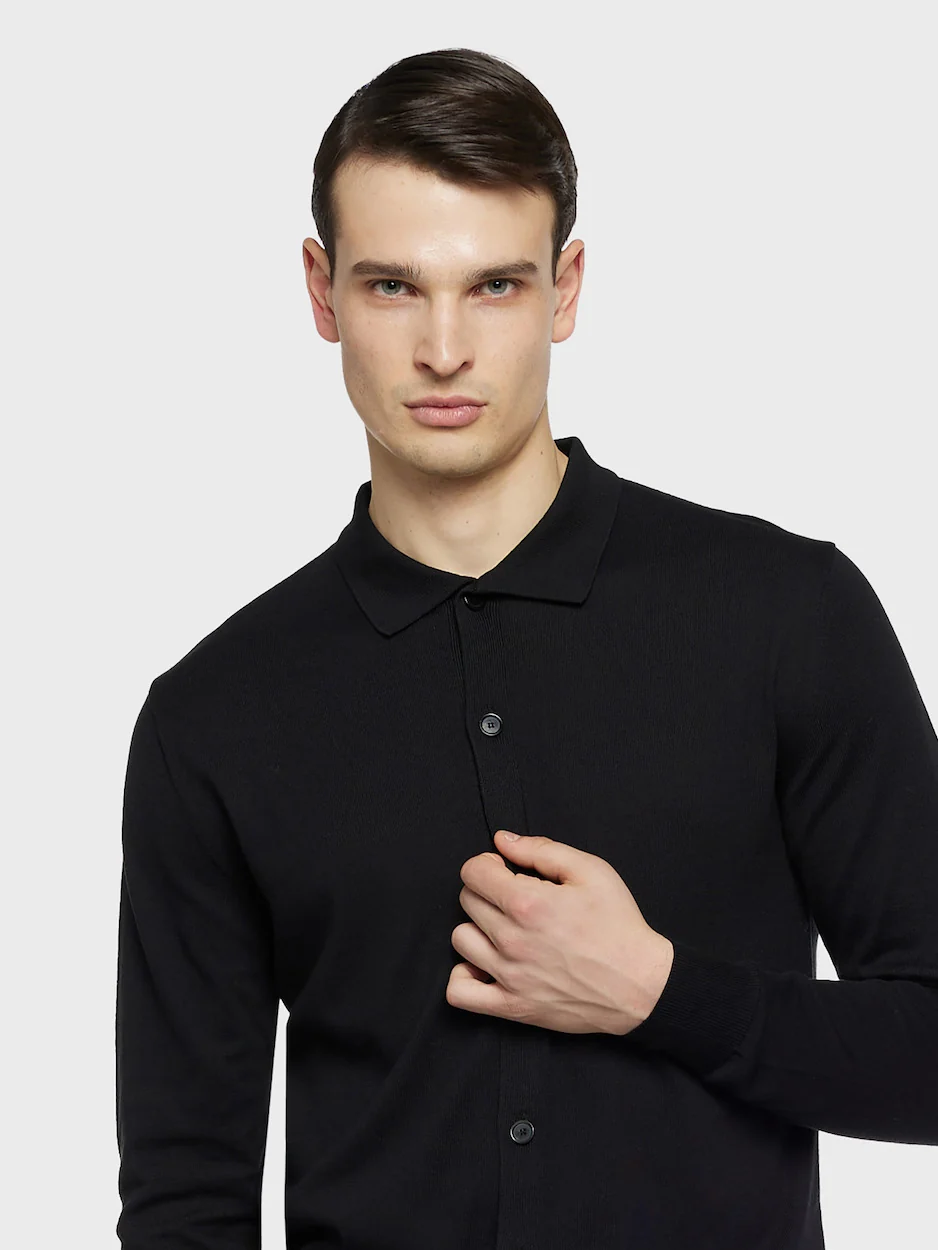 Polo cardigan a maniche lunghe in seta e cotone nera - Image 4